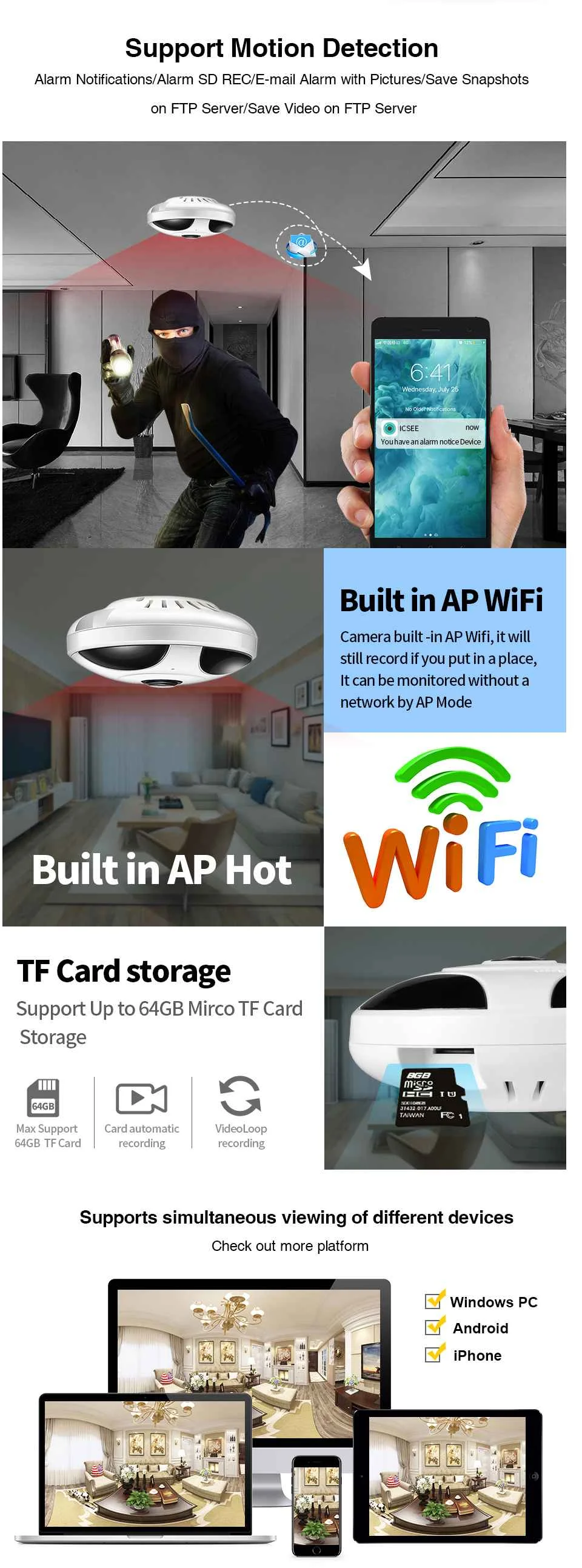 Панорамная 1080P умная камера wifi камера ONVIF H.264 инфракрасная ночная версия M-otion Обнаружение купольная Безопасность Детская видеоняни