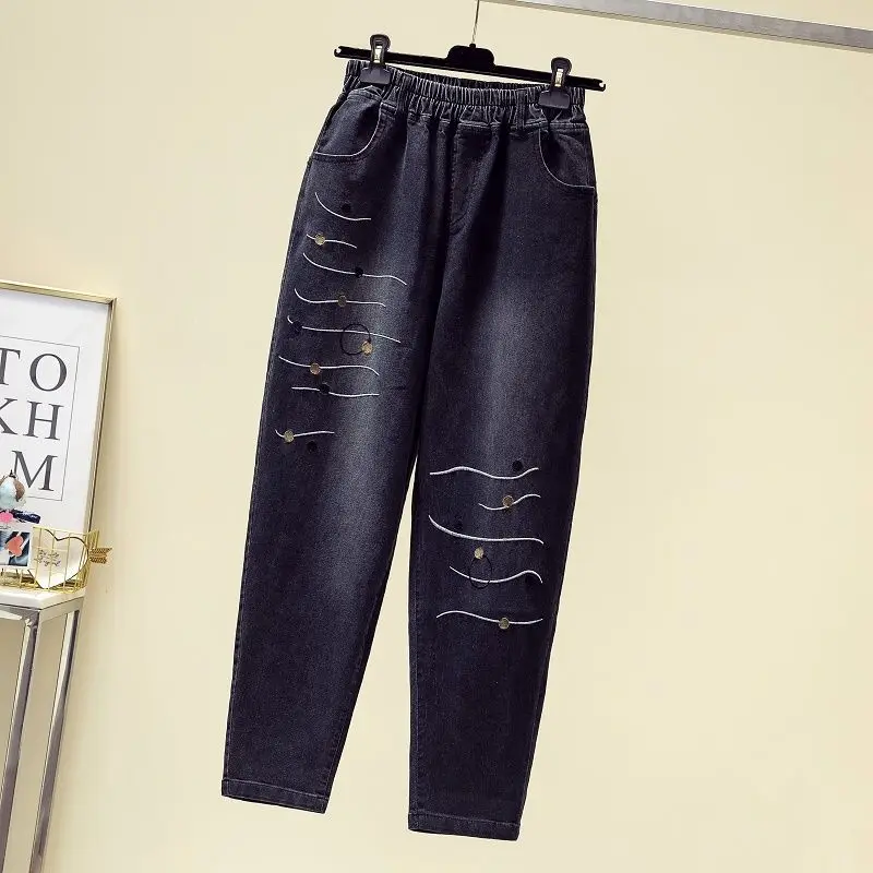 

Women Fashion Elastic Waist Jeans Vintage Floral Embroidery Full Length Harem Denim Pants Female Casual Loose Jeans Trousers