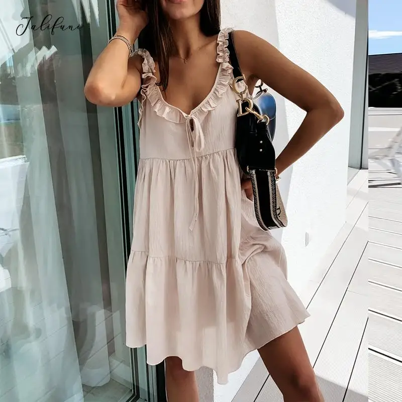 

Summer Spaghetti Strap Dress Women Solid Casual High Waist Ruffles Sleeveless A-Line Camisole Sundress Holiday Fashion Vestidos