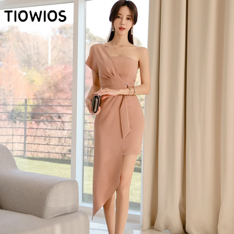

TIOWIOS 2021 New Woman Korean Temperament Medium Long Sexy Slim One Shoulder Waist Fashion Irregular Hip Wrap Dress
