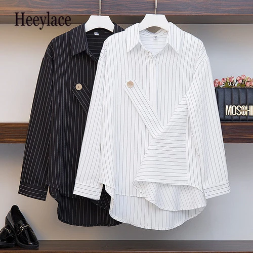 Женская блузка в полоску с длинным рукавом размера плюс Повседневная Длинная