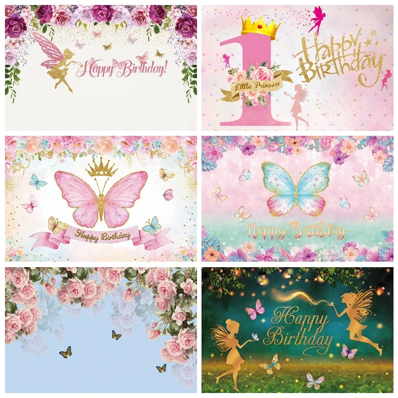 

Yeele Butterfly Baby One Birthday Backdrops Glitter Princess Flower Party Decor Photocall Background Photography Photo Studio