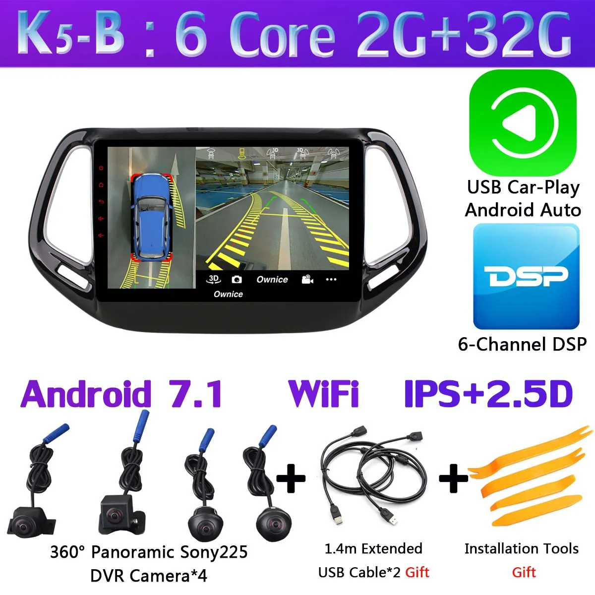 K5-B-CarPlay 360 ° панорамный 4G+ 64G Android 9,0 автомобильный мультимедийный плеер для Jeep Compass автомобильный радиоприемник с навигацией GPS CarPlay SPDIF - Цвет: K5-B-CarPlay