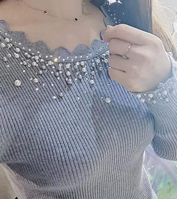 Свитер женский осенне-зимний блестящий с жемчужной отделкой | Женская одежда