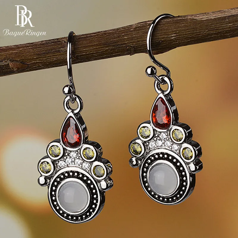 Bague Ringen, винтажные темпераментные Серьги с драгоценными камнями для женщин, лунный камень в форме капли, рубиновое серебро, 925 ювелирные изделия на годовщину