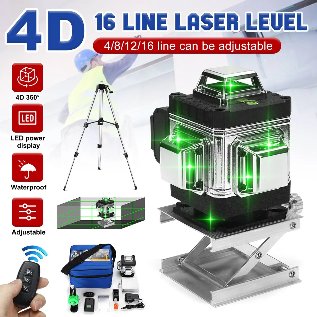 

Laser Level Tripod Green 3D 4D 12/16Lines Self-Leveling Vertical Horizontal Powerful 360 Bracket Green 3D Nivel Laser Receiver