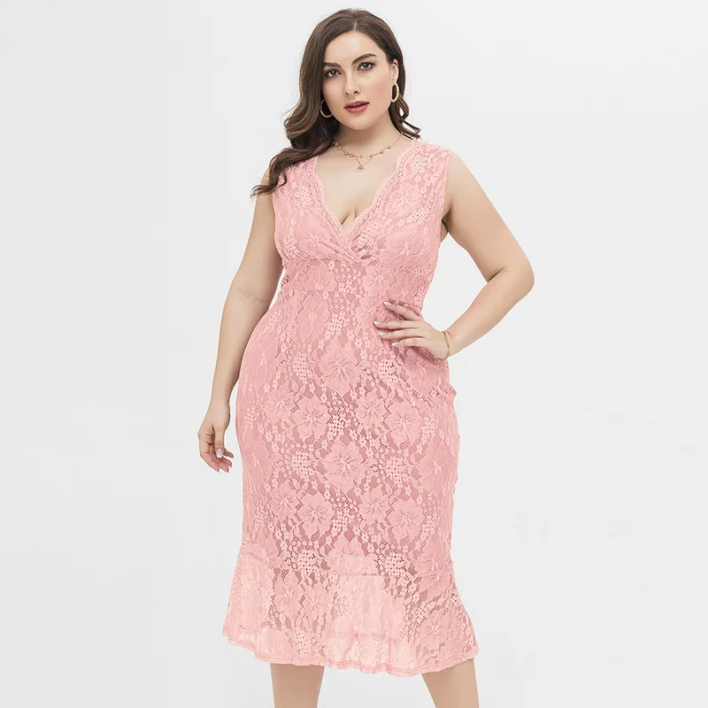 

Plus Size WomenSexy Slim V-neck Lace Dress 2021 Europe and the United States Sweet Elegant Casual Skirt