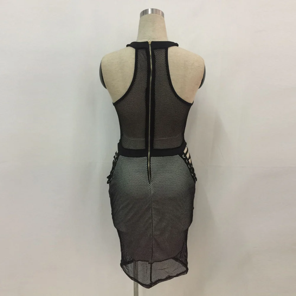 

Women Party Dress Black Fishnet Hollow Elegant Fashion Cut Out Hole Package Hip Vestidos Street Style Back Zipper Pencil Dresses