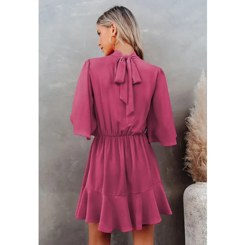 

2021 New Brand Comfort Sexy Women's Solid Color Dress Flared Sleeves Fashion Forward Keyhole Dress Elegant Mini Hepburn Skirt