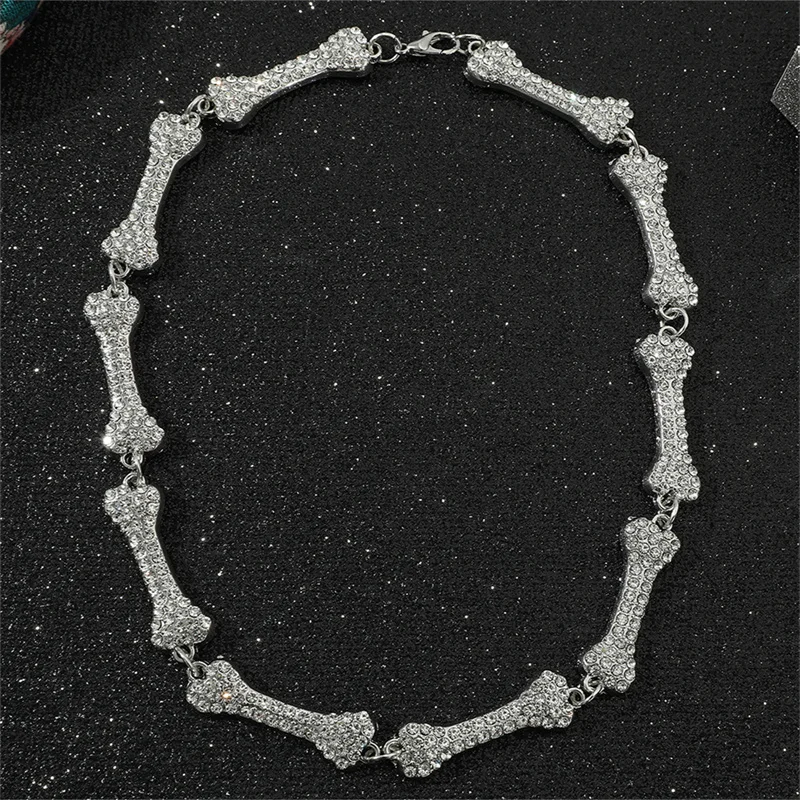 

Summer New Design Hip Hop Silver Bone pendant Necklace With Transparent Cz Paved Women's Men's Fashion Punk Party Necklace Jewel