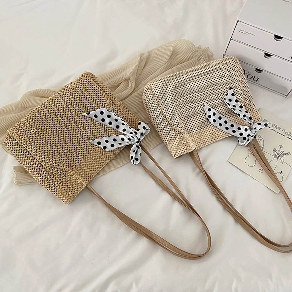 

Fashion Women Tote Bags with Straw Woven Silk Ribbons Designs Large Shopping Travel Bags Top-Handle Handbags