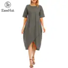 EaseHut модное женское платье с круглым вырезом и короткими рукавами и высокой талией, с асимметричным нижним краем карманами размера плюс S-5XL повседневное свободное платье