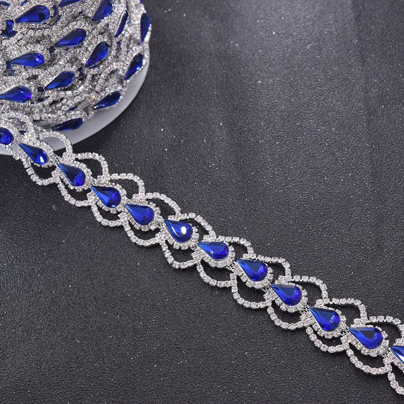5yards 2.3cm width Sapphire rhinestone water drop glass applique trimming decoration for wedding dress belt sash sewing patch