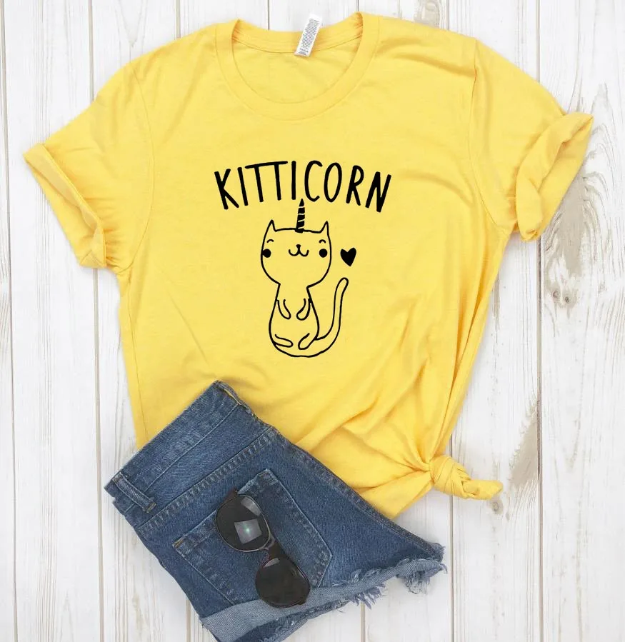 KITTICORN, котенок, единорог, кошка, принт, женская футболка, повседневная, хлопок, хипстер, забавная футболка для девочек, топ, футболка, 6 цветов, Прямая поставка, BA-53