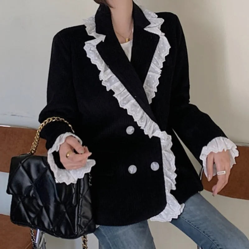 

Женский офисный пиджак с оборками, двубортный черный вельветовый блейзер в Корейском стиле ретро, Стильная Офисная верхняя одежда