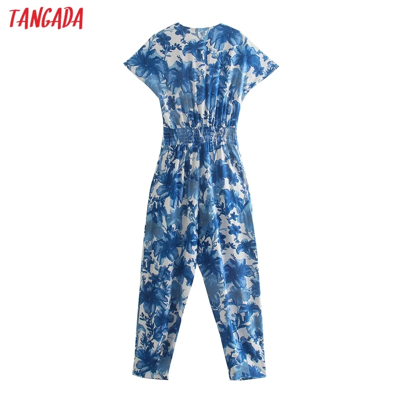 

Tangada Women Summer Blue Flowers Print Long Jumpsuit Short Sleeve Bow Female Casual Jumpsuit 5Z139