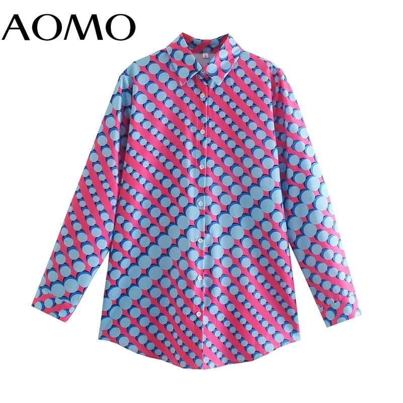 

AOMO 2021 Autumn Women Geometry Print Shirt Blouse Long Sleeve Chic Female Office Lady Tops 1F443A