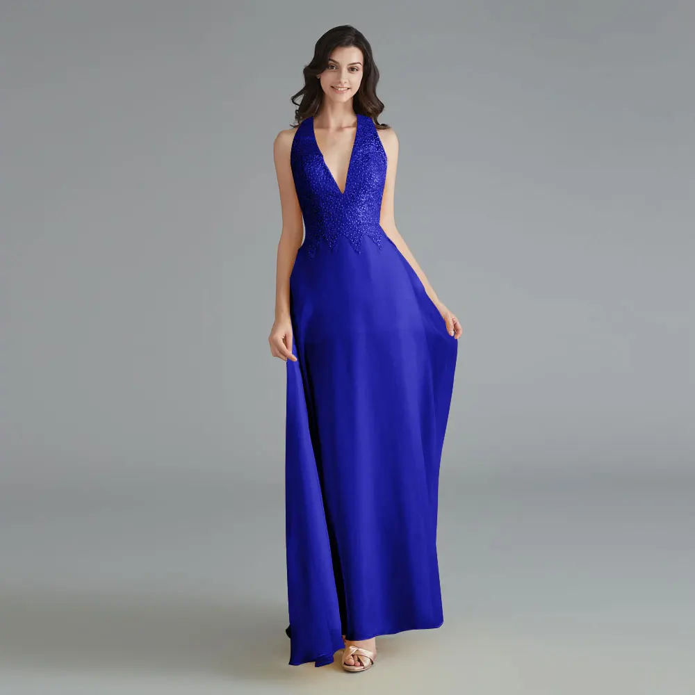 Royal Blue Красивые кружевные платья подружки невесты с v-образным вырезом и бусинами, модель года, шифоновое платье без рукавов для свадебной вечеринки, платье с открытой спиной, Vestido de dama de honor - Цвет: Royal Blue