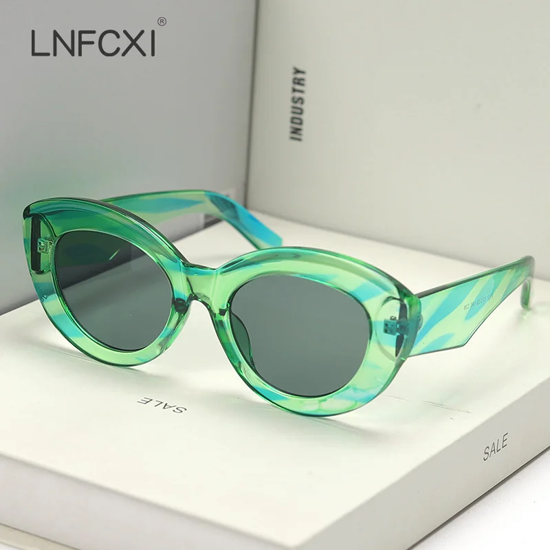 

LNFCXI Retro Small Frame Cat Eye Sunglasses Shades for Women Luxury Jelly Color Green Stripes Vintage Sun Glasses Men