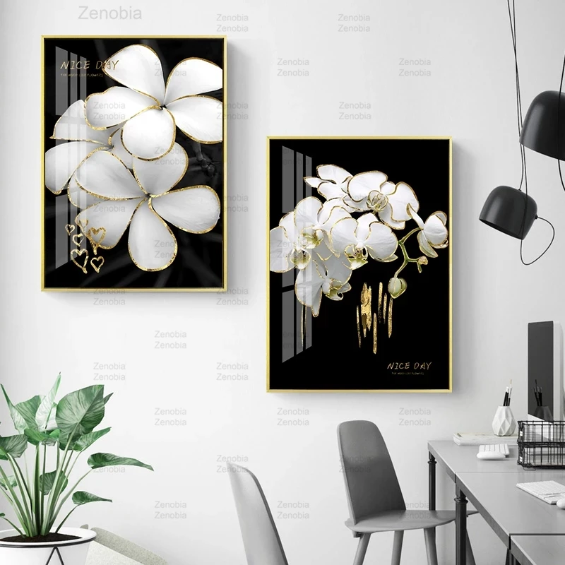 

Posters and Prints Home Decoration Abstract Golden Canvas Painting Flower Leaves Wall Art Modular Pictures for Living Room Decor