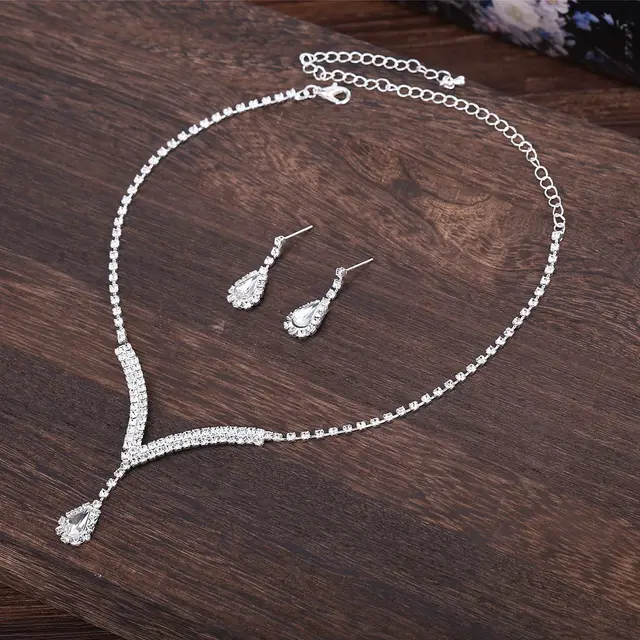 BLIJERY Silver Plated Teardrop Bridal Jewelry Set Rhinestone Crystal V Shape Choker Necklace Earrings Women Wedding Jewelry Sets 3