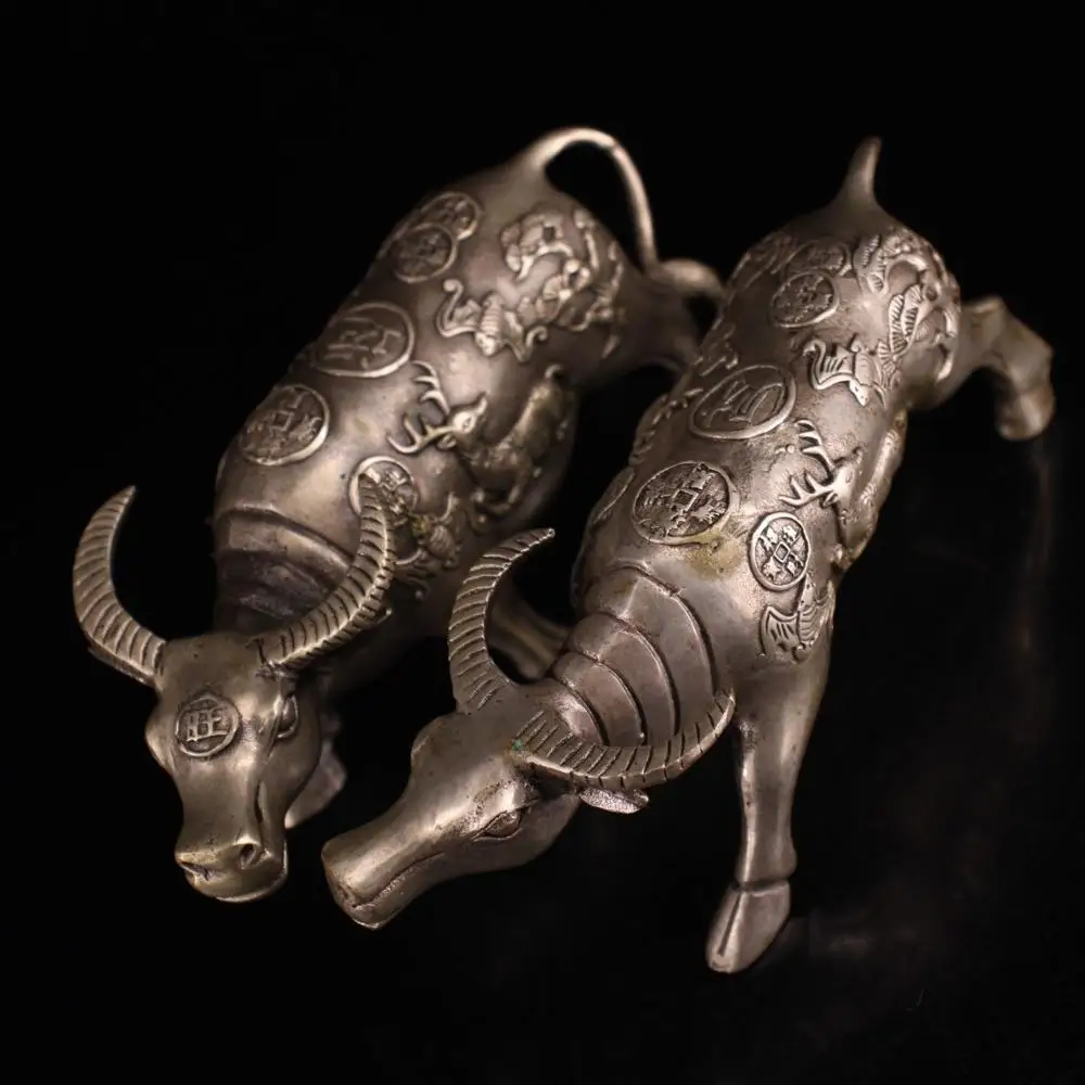 

Home Decor 7" Tibet Buddhism Temple Old Bronze Silver Buffalo statue A pair Fortune Bull Carved sika deer pattern