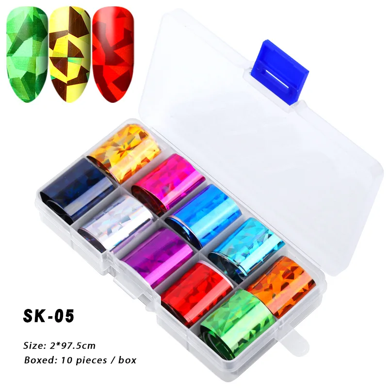 SK 05 10 шт. Голографическая фольга для ногтей набор Фольга для ногтей переводная Наклейка украшения 2,5*100 см смешанный Дизайн Маникюрные наклейки для ногтей - Цвет: SK 05