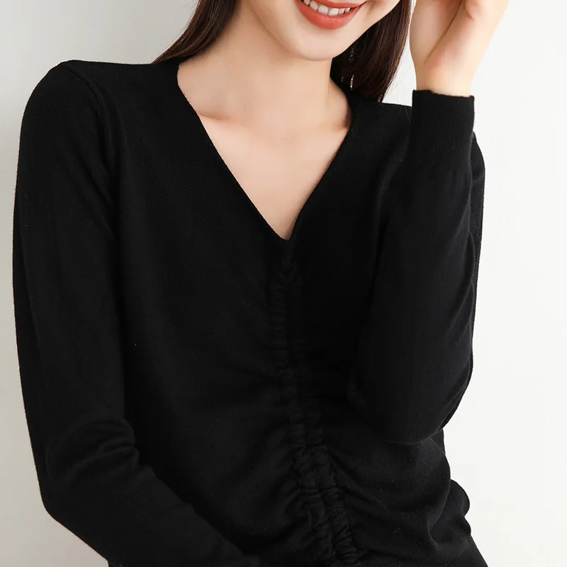 Женский кашемировый свитер облегающий с V-образным вырезом и длинным рукавом