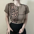 Женский укороченный топ, стильная футболка составного кроя с леопардовым принтом, с коротким рукавом, круглым вырезом, повседневная, приталенная, 2021