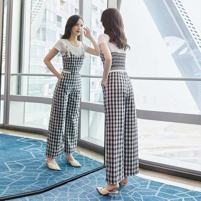 

Two Piece Set Elegant Plaid Romper Summer Women White T-Shirt Top + Office OL High Waist Slim Sling Long Jumpsuit Suit