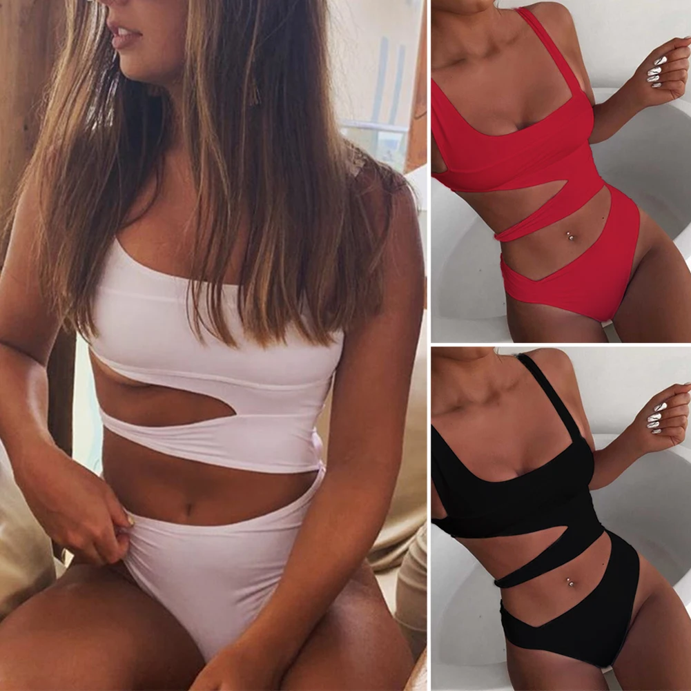 

Women Cut Out Sexy Push Up Bathing Suits Padded Fashion Solid One Piece Swimsuit Irregular Summer Beach Monokini Skin-friendly