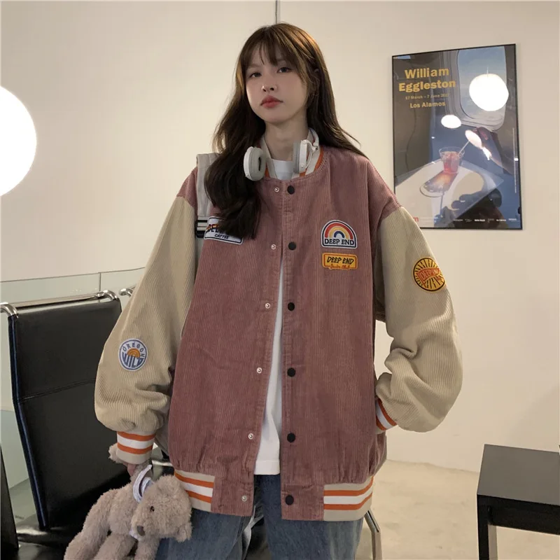 

Women's Bomber Jacket Corduroy Loose Baseball Jacket Embroidery Streetwear Coat Jackets Oversize Thicken Autumn Jackets Women