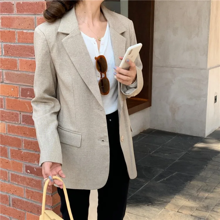 Женский Повседневный Блейзер небольшой винтажный Клетчатый жакет оверсайз