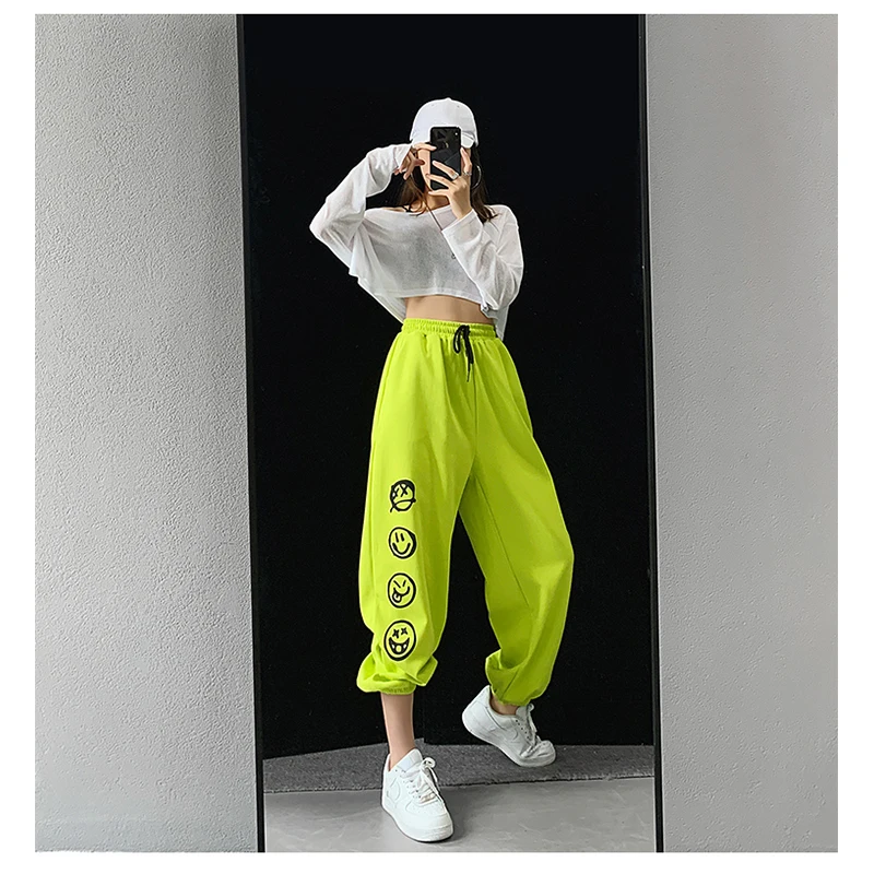 

Letter Print Sweatpants Casual Streetwear Women Orange Black White High Waist Pants Lace Dance Front Hip Hop Loose Trousers