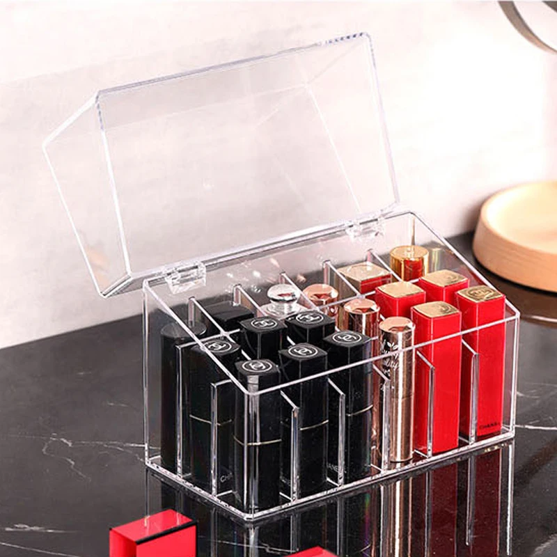 Acrylic Transparent 18 Slots Lipstick Storage Box With Lid Lip Gross Holder Case Organizer Makeup | Дом и сад