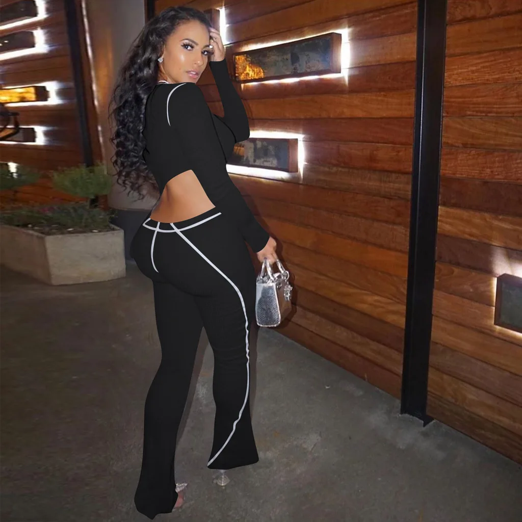 High Street Women Long Sleeve Trouser Suit Solid Color Tight Sports Set Deep O-Neck Low Waist Flare Pants Outfits Sets |