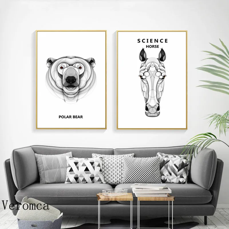 

Black And White Polar Bear Horse Tiger Head Cute Animals Abstract Canvas Painting Poster Wall Art Picture Living Room Decor