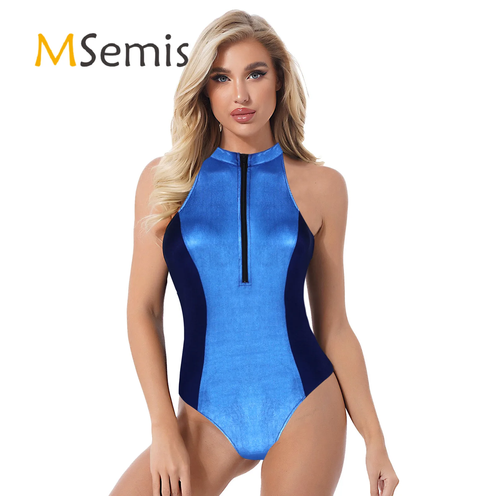 

Womens Patent Leather Patchwork Bodysuit Halter Sleeveless Front Zip-up Hollow Out Leotard Bodysuit for Dance Class Yoga