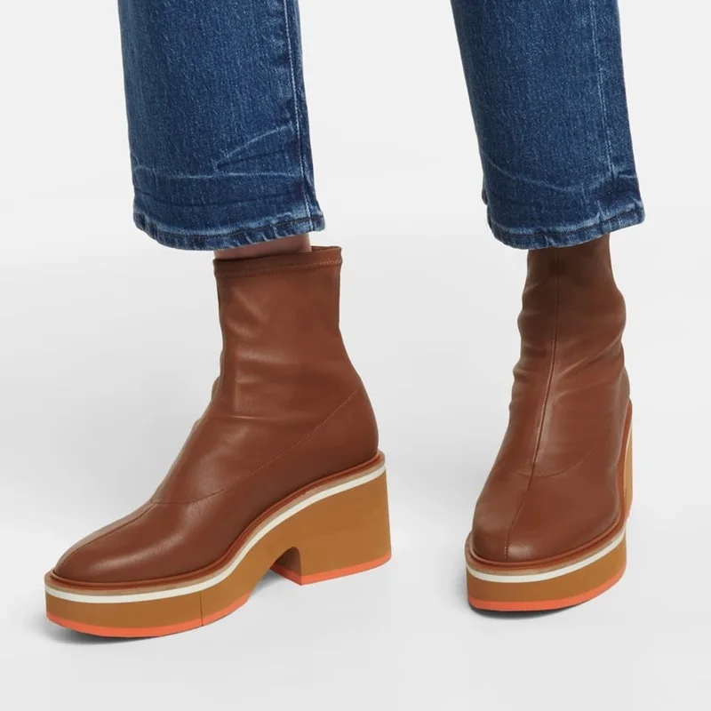 

brand shoes women block high heels black brown elasticity ankle boots for women round toe chelsea boots platform zipper boots