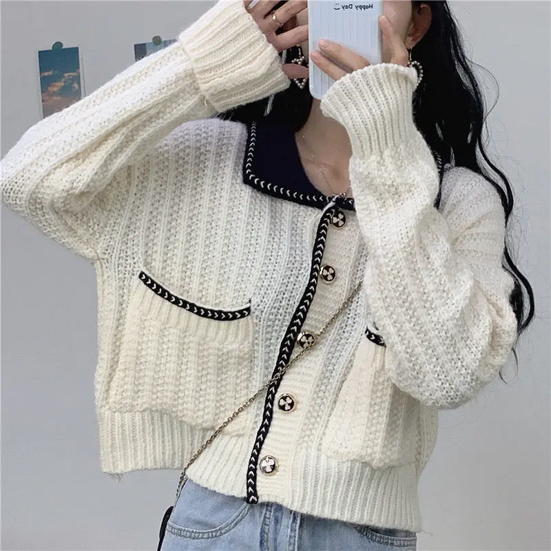 

Retro Turndown Collar Single-Breasted Sweater Women's Fashion 2021 Autumn New Korean Loose Long-Sleeved Knit Cardigans Y184