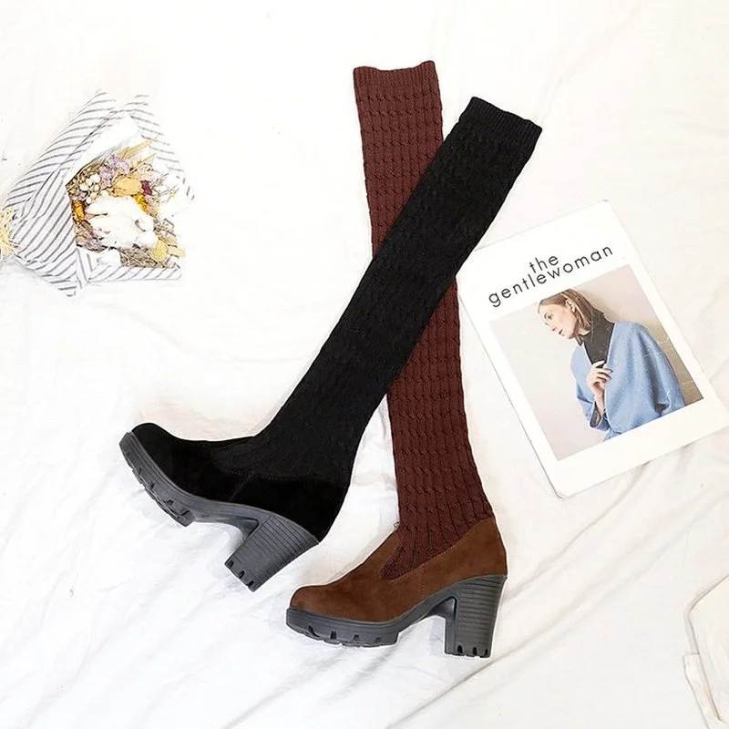 

2021 autumn new round toe over the knee boots knitted large size stovepipe boots high heel women's boots botas de mujer