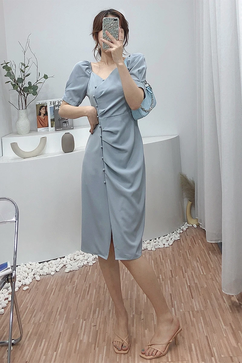 

Korean Elegant A Line Long Dress Women's Summer Short Sleeve Single Breasted Dress Female High Waist Slimming Split Midi Dress