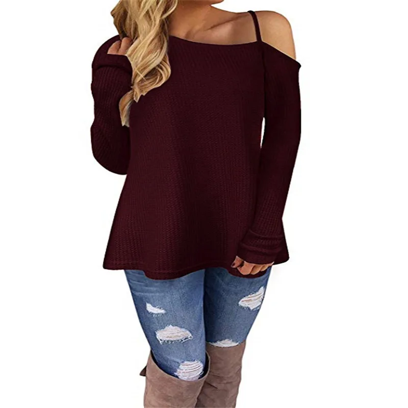 Женская футболка с длинным рукавом косой росой на лямках в европейском стиле