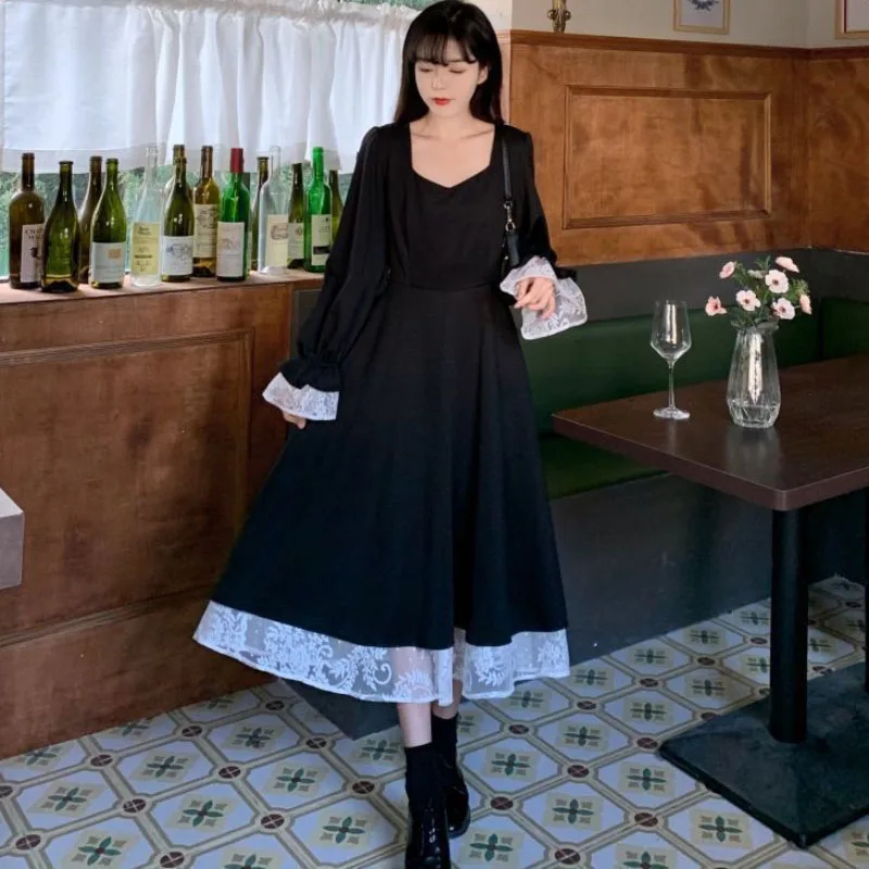 

JMPRS Elegant Black Women Party Dress Spring Lace Patchwork A Line Long Dress Causal Vintage Europe Plus Size Bandage Vestidos