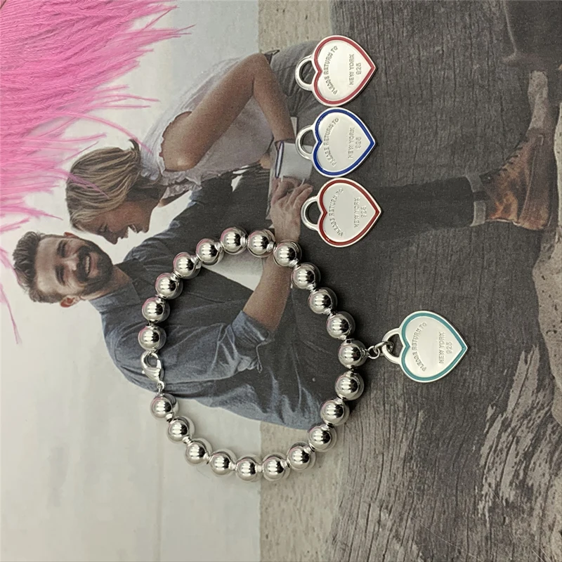 

S925 Sterling Silver green beaded heart tag 8mm ball bead bracelet, 1: 1 high-end women's jewelry with logo Valentines GIFT