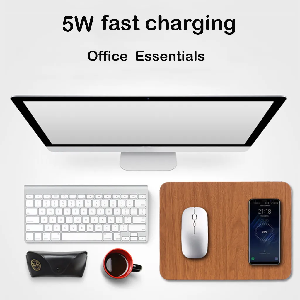 5W Wireless Charging USB PU+Wooden Mouse/Mice Pad For PC Laptop 30x22CM Gaming Mouse Mat Waterproof Mousepad Desk | Компьютеры и офис