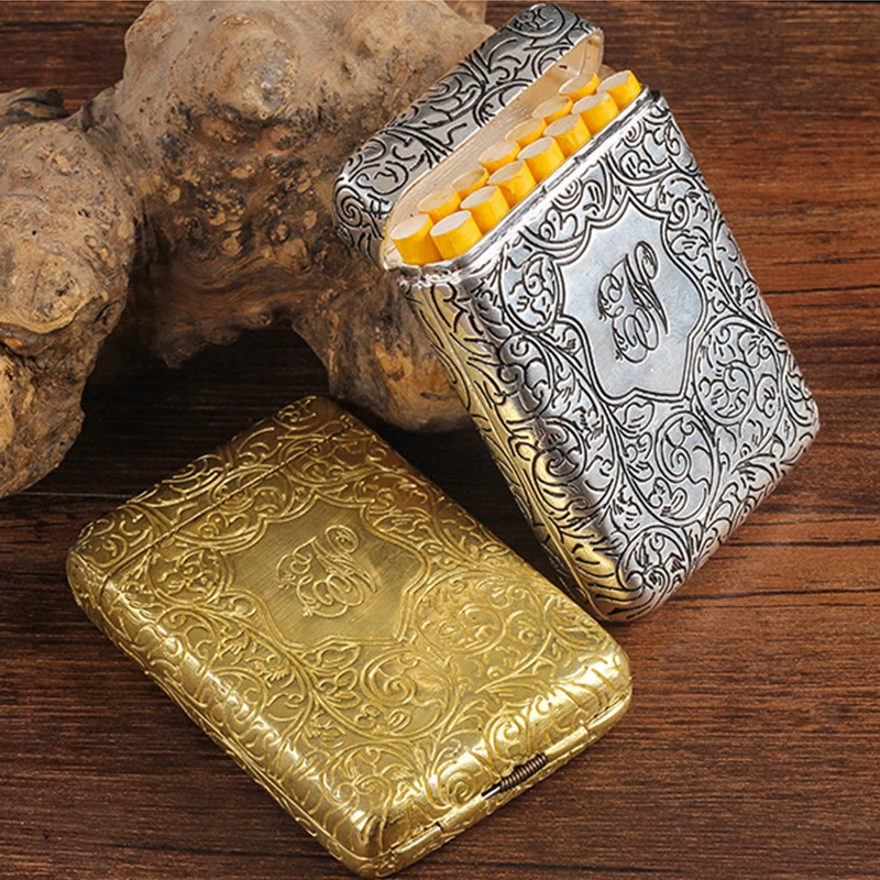 

New Pure Copper Hand-carved Cigarette Case for 14 Cigarettes Retro Peaky Blinders Flick Box Holder Portable Smoking Tools Gold