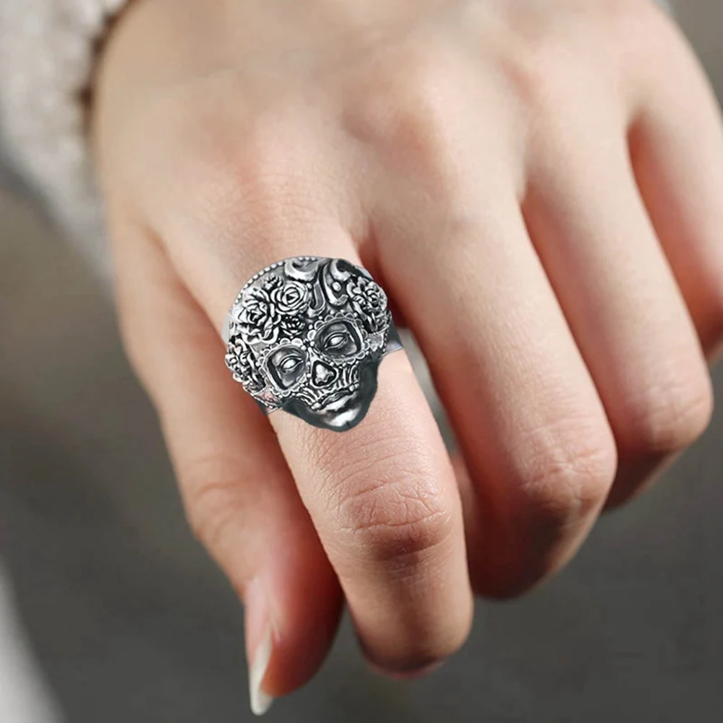 

Gothic Mexican Flower Sugar Skull Rings Women cute Stainless Steel Punk Flowers Ring Jewelry