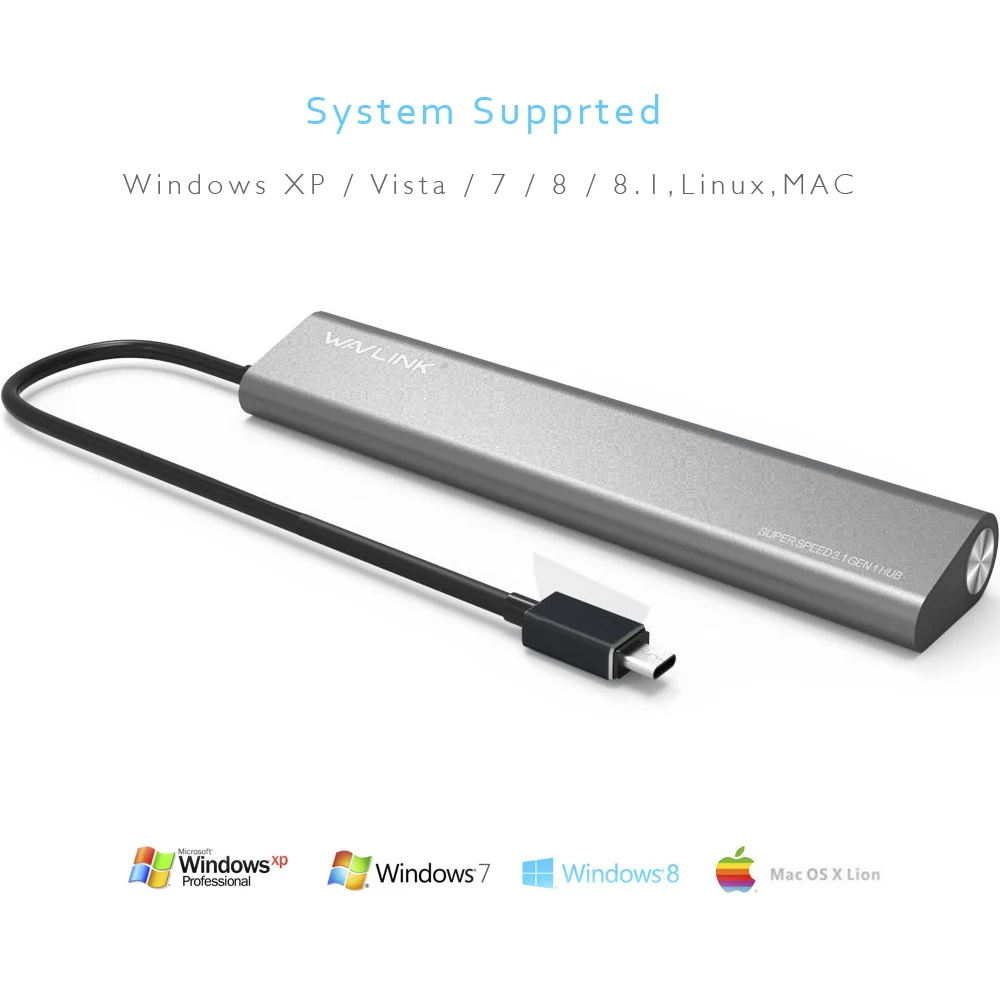 Wavlink USB 3,1 Тип-C кабель Алюминий до 7-Порты и разъёмы USB 3,0(USB 3,1 Gen 1) Данные USB хаб для портативных ПК компьютер с четырехъядерным процессором 5V 4A Мощность адаптер