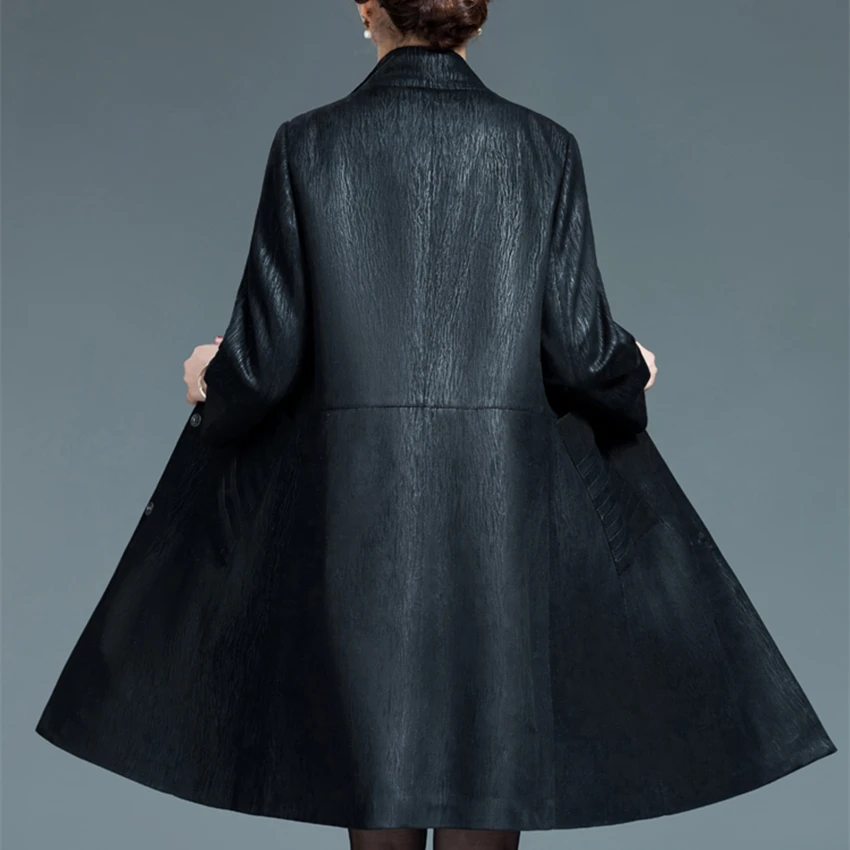 Women Black Faux Leather Jacket XL-5XL New Middle-aged Ladies Retro Loose Faux Sheepskin Trench Coats Large Size Female Clothing
